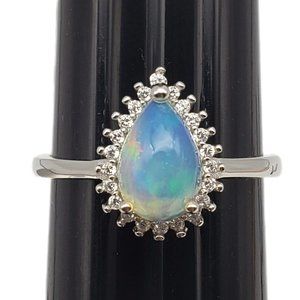 Fire Opal with 22 Diamond Halo Sterling Silver Ring Size 7